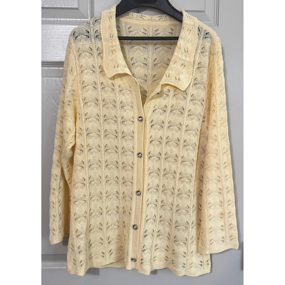 Vintage Butter Yellow Pointelle Crochet Cardigan Cameo‎ Buttons L/XL Cottagecore